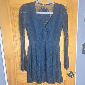 Free People Navy Lace Long Sleeve Dress